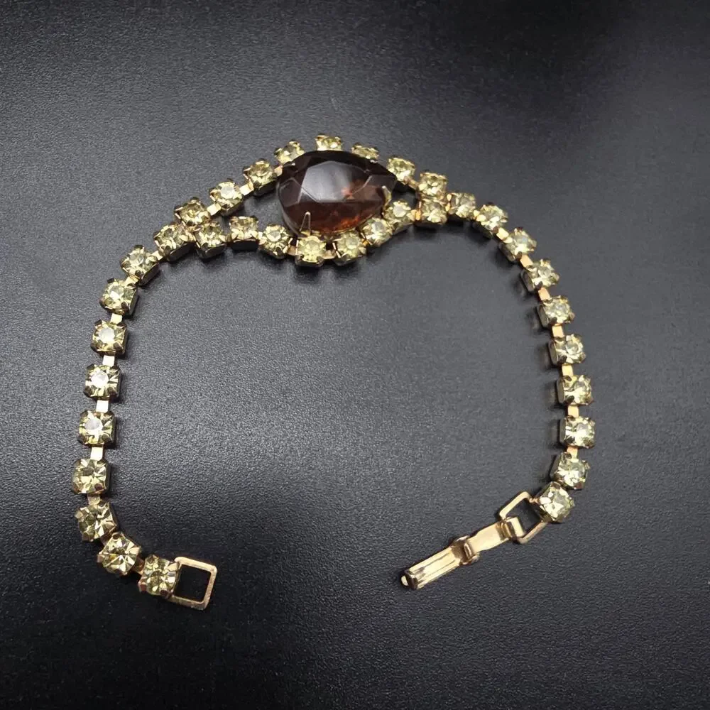 Vintage Faux Amber Champagne Rhinestone Bracelet Glam Costume Jewelry